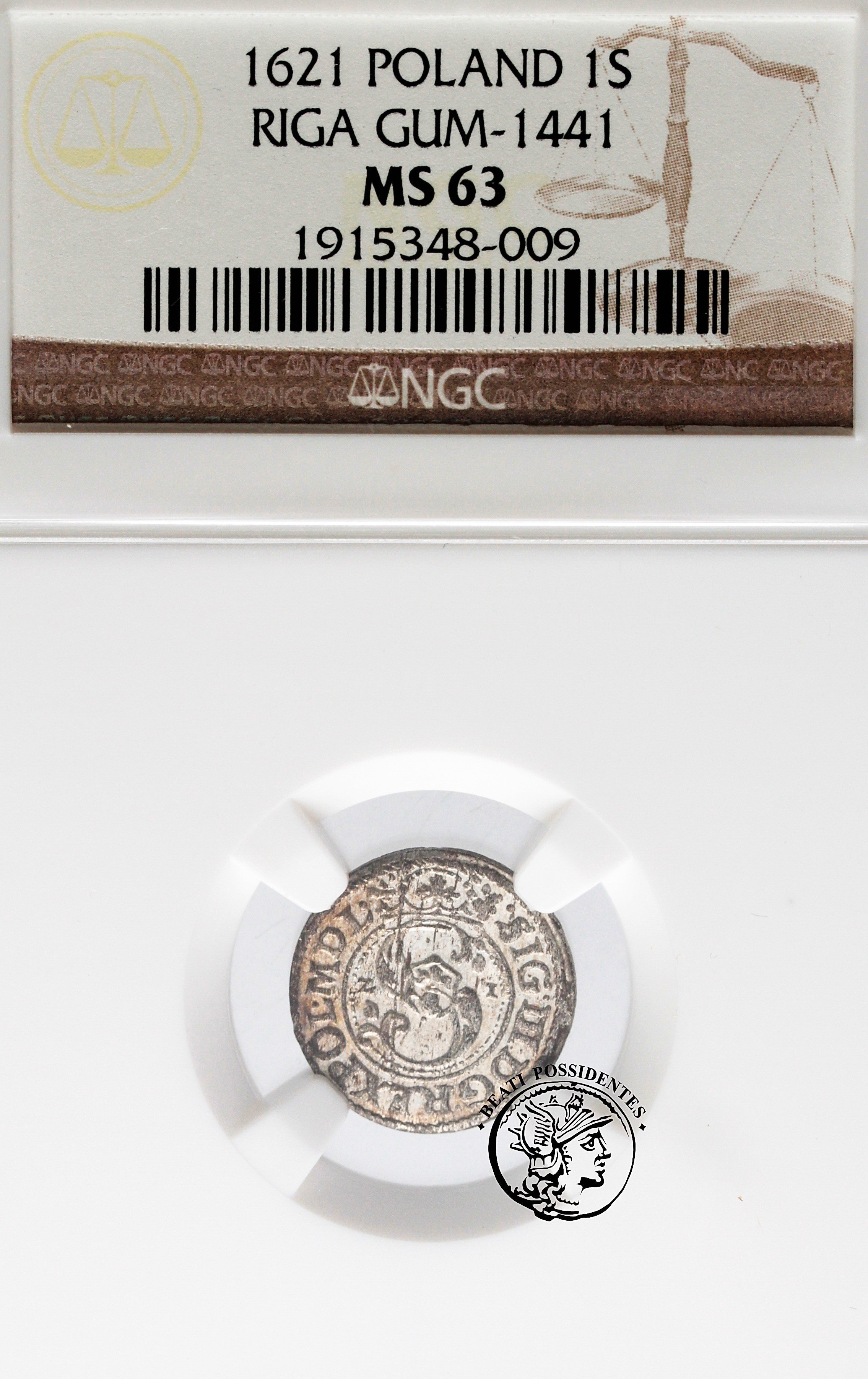 Polska Zygmunt III Waza szeląg ryski 1621 NGC MS 63